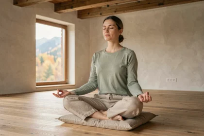 Femme pratiquant la méditation assise sur un coussin en lin dans un studio zen avec poutres en bois en Alsace