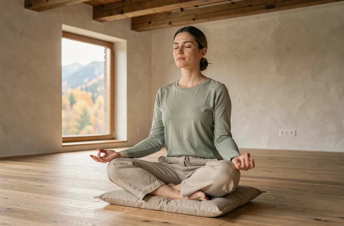 Femme pratiquant la méditation assise sur un coussin en lin dans un studio zen avec poutres en bois en Alsace
