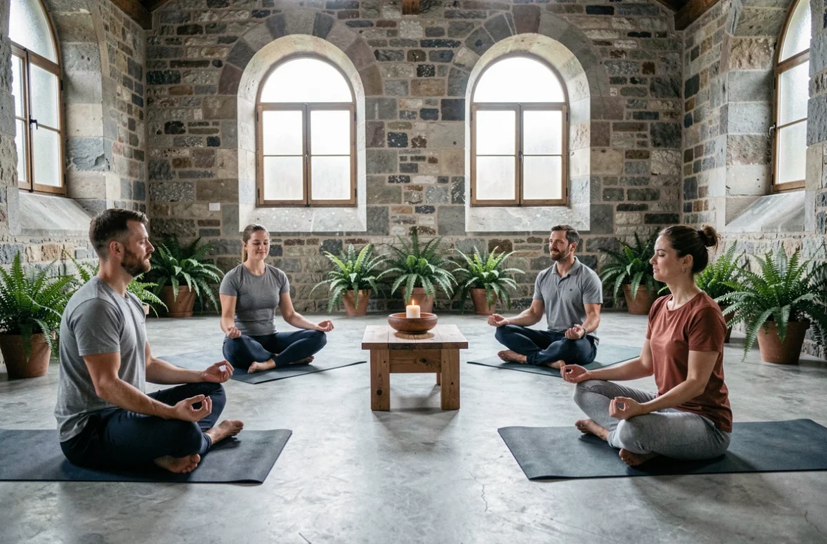 Groupe d'adultes en séance de méditation collective dans un espace en pierre historique dans le Bas-Rhin