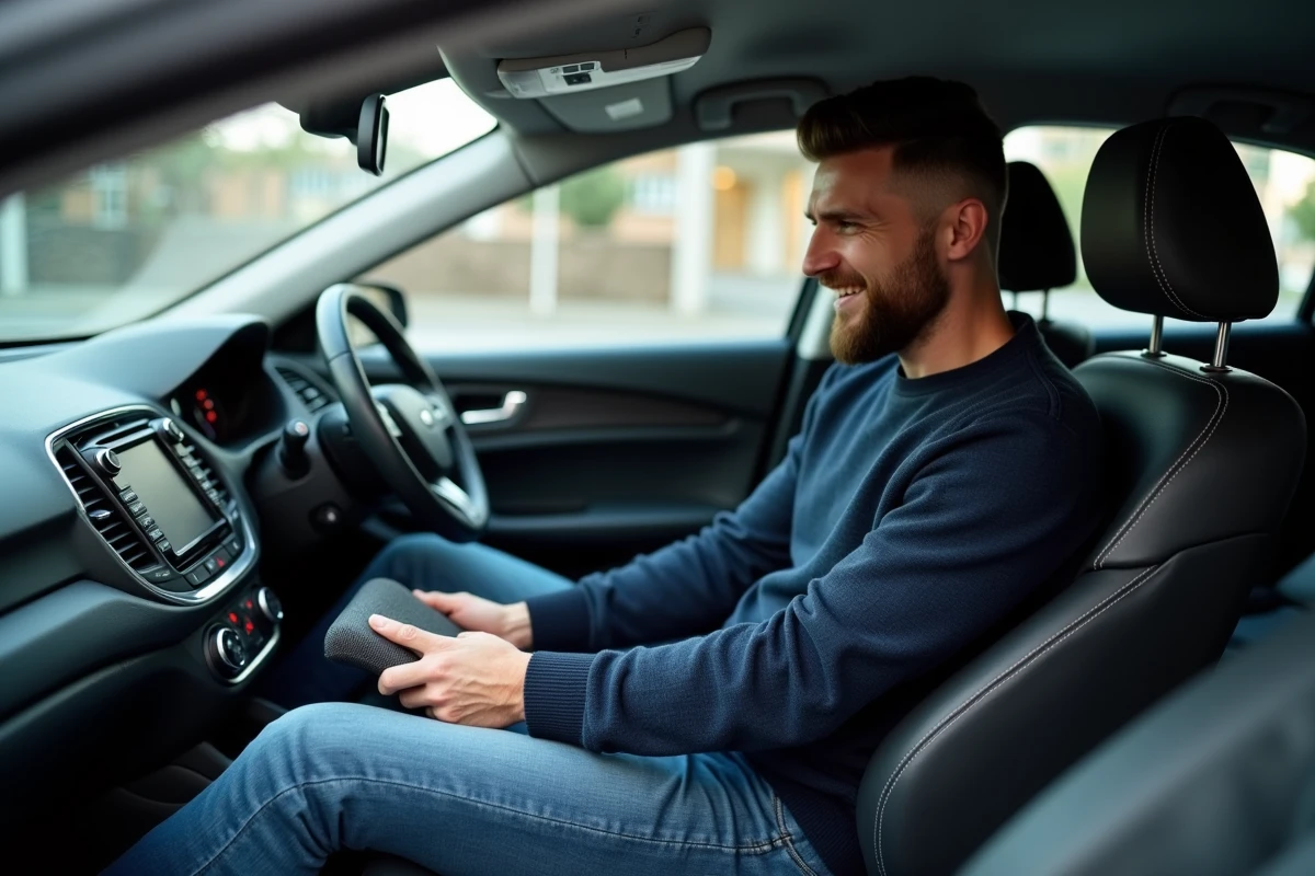 Homme installant un coussin orthopédique anti-coccyx sur son siège de voiture pour conduire sans douleur