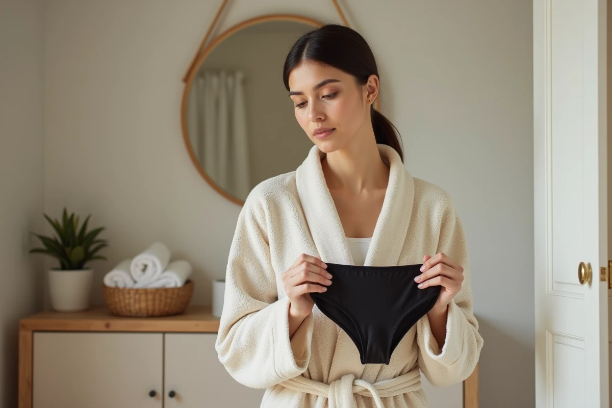 Femme en robe de chambre inspectant une culotte menstruelle dans une salle de bain chaleureuse