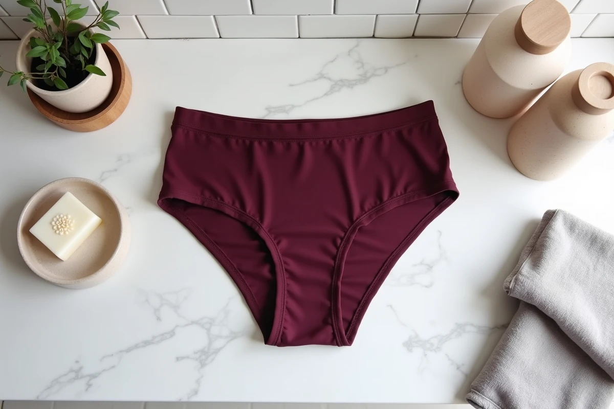 Culotte menstruelle de nuit posée sur un plan en marbre blanc dans une salle de bain minimaliste