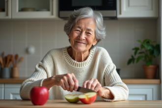 Dame âgée coupe une pomme dans sa cuisine chaleureuse