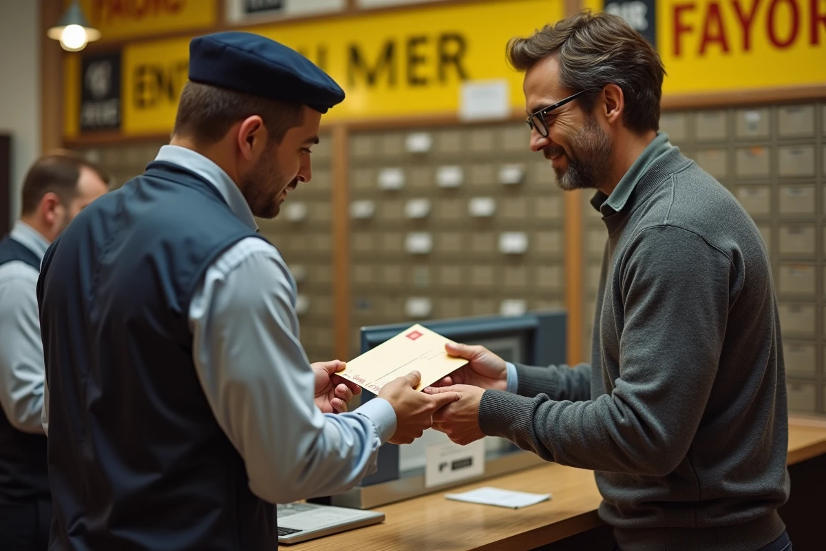 Homme déposant une enveloppe au guichet d'un bureau de poste pour envoyer un courrier à la CPAM Lyon