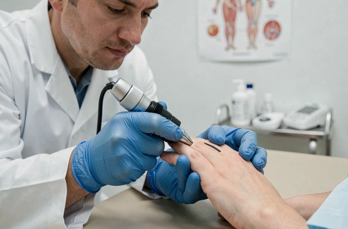 Dermatologue examinant une tache noire longitudinale sous l'ongle d'un patient avec un dermatoscope