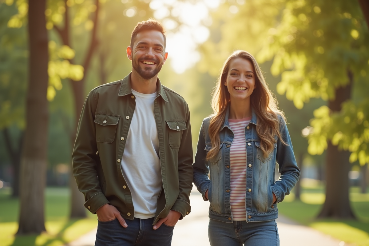 Deux adultes souriants dans un parc ensoleille avec des corps variés