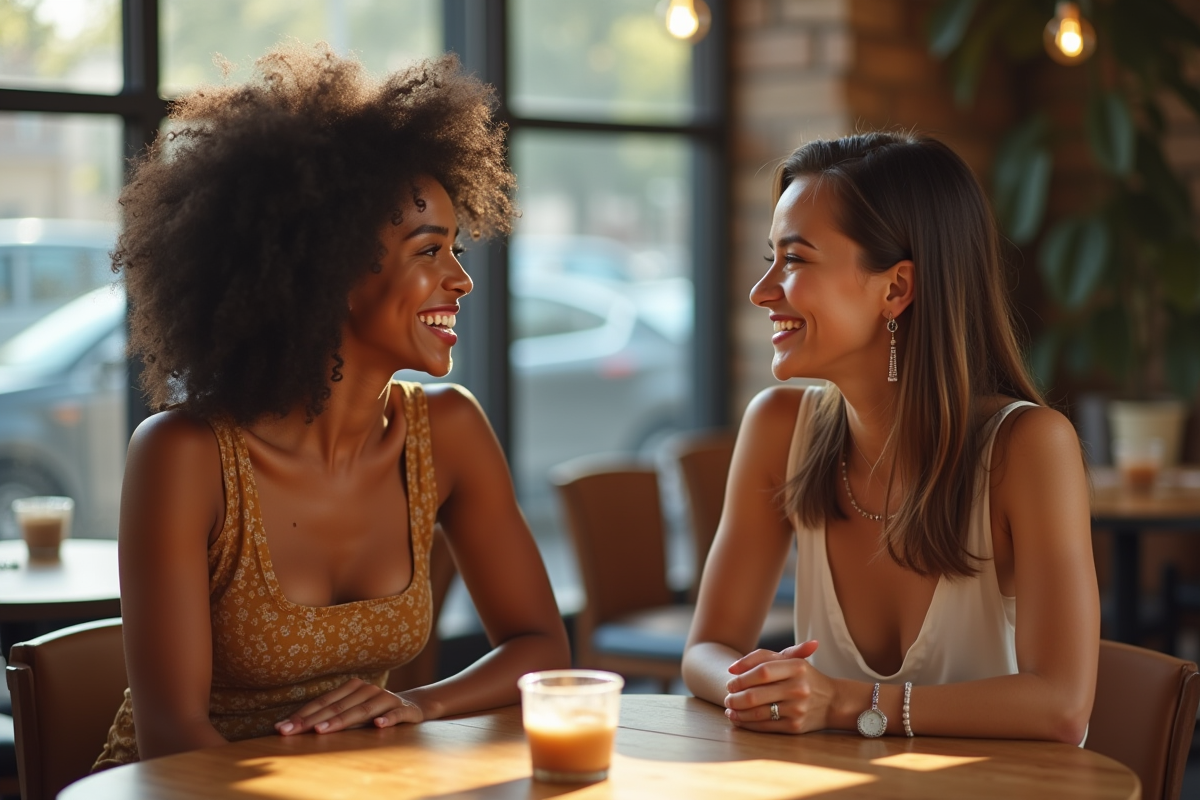Deux femmes souriantes discutant au café avec lumière naturelle