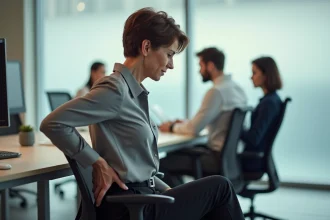 Femme ajustant le soutien lombaire de son fauteuil de bureau pour soulager une douleur au coccyx