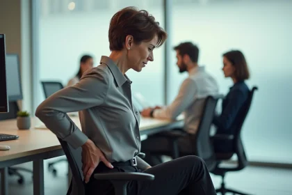 Femme ajustant le soutien lombaire de son fauteuil de bureau pour soulager une douleur au coccyx