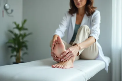 Femme appuyant sur le bord extérieur de son pied pour localiser une douleur liée au nerf sural