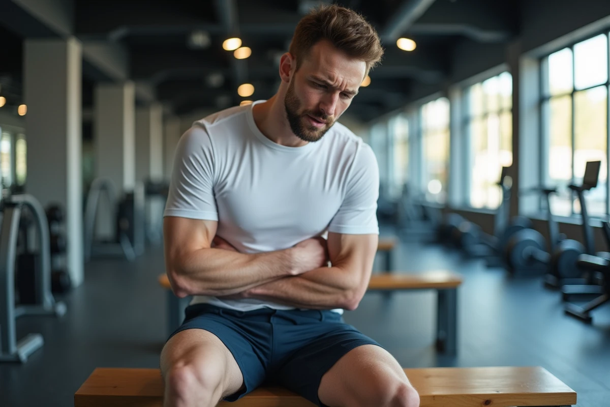 Sportif assis sur un banc de salle de sport tenant son côté droit douloureux sous les côtes après l'entraînement
