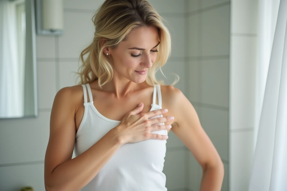 Femme touchant son aisselle avec une expression préoccupée, illustrant une douleur sous l'aisselle sans bosse