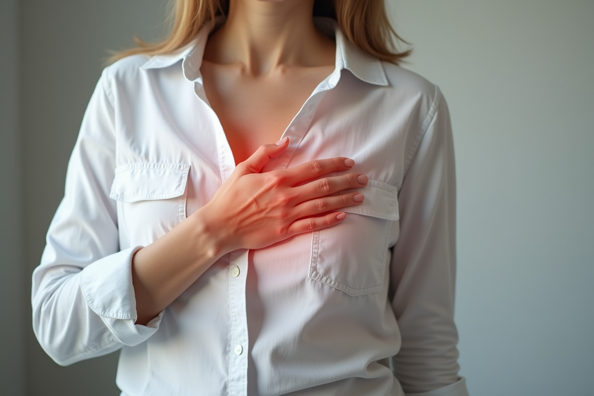 Femme montrant douleur à la poitrine avec main sur le torse