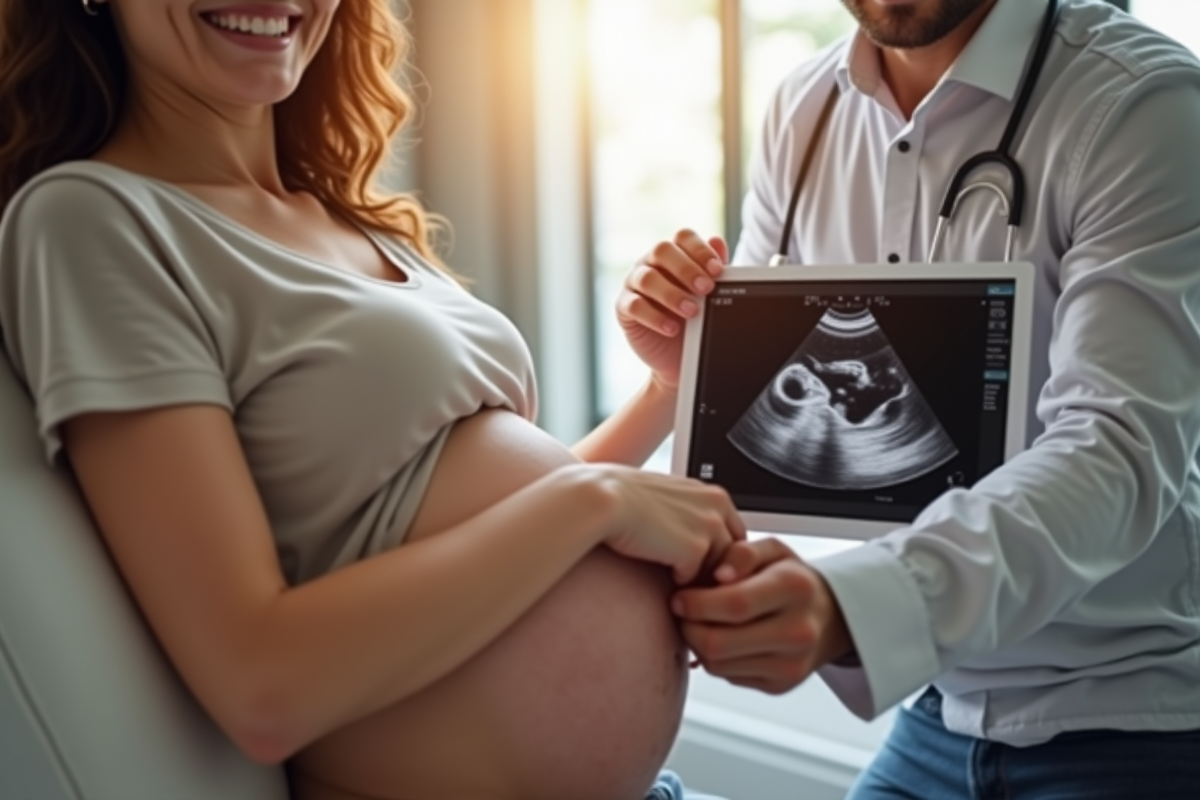Parents souriants tenant une échographie dans une clinique moderne