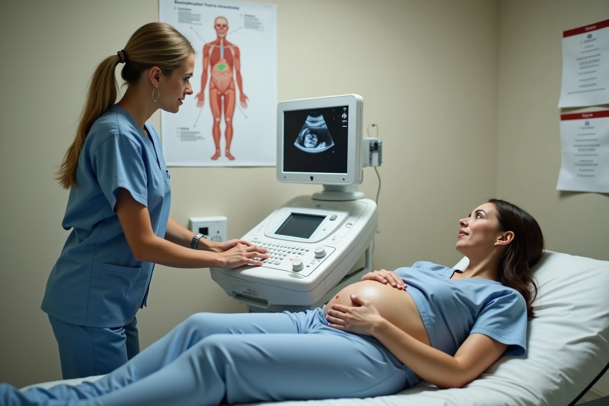 Sage-femme réalisant une échographie obstétricale pour déterminer la date de terme d'une femme enceinte en cabinet médical