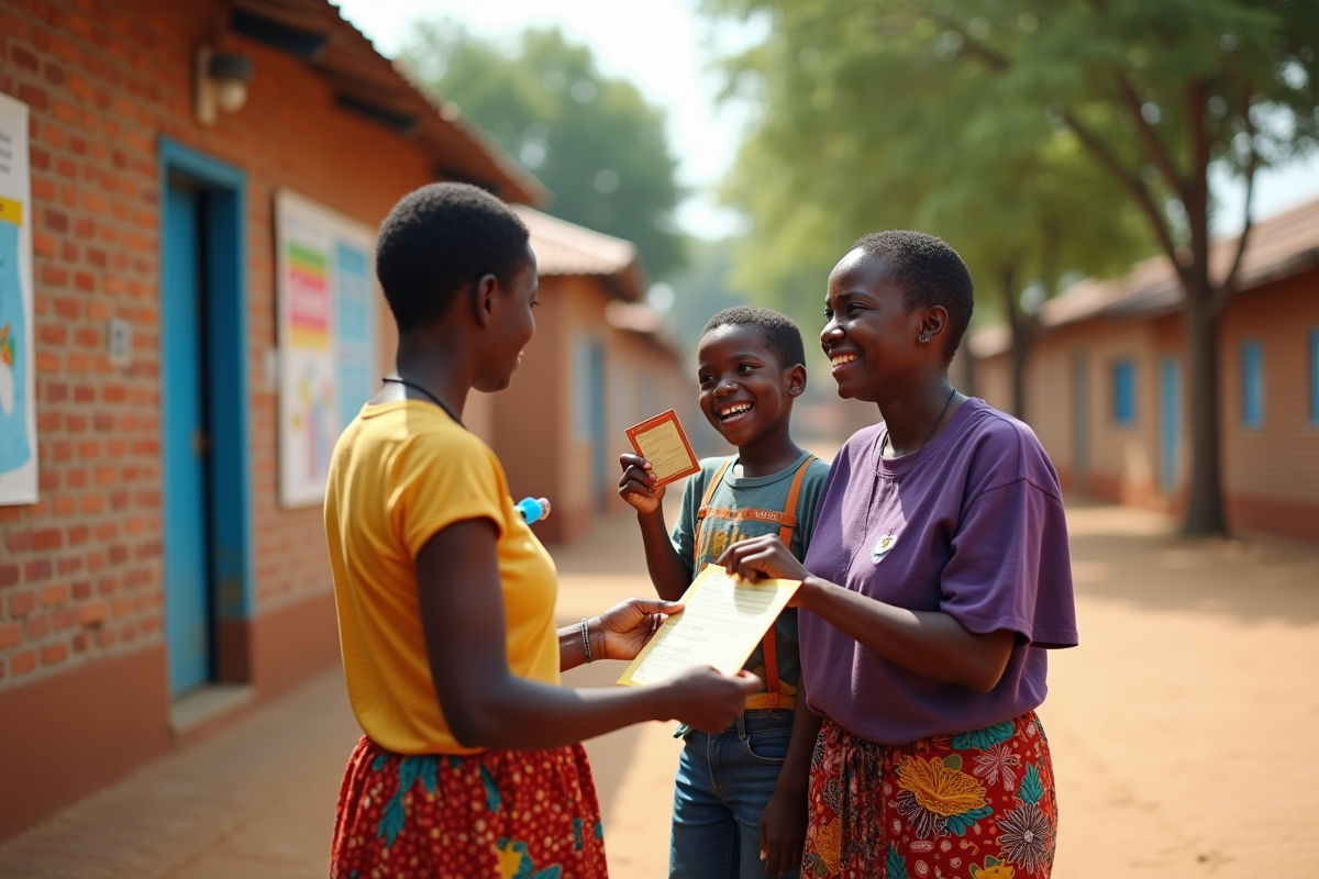 Un enfant et son parent souriants reçoivent un certificat de vaccination en plein air