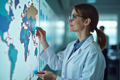 Une epidemiologiste en blouse blanche place une &eacute;pingle sur une carte du monde