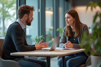 Femme d'affaires parlant à un jeune homme dans un bureau moderne