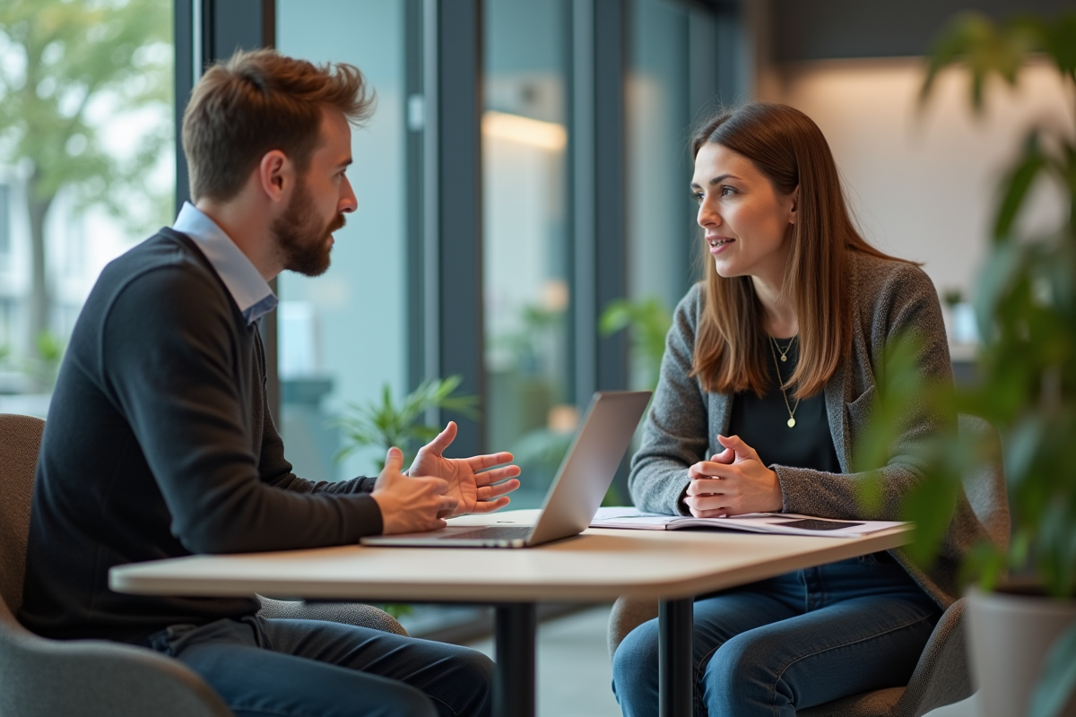 Femme d'affaires parlant à un jeune homme dans un bureau moderne
