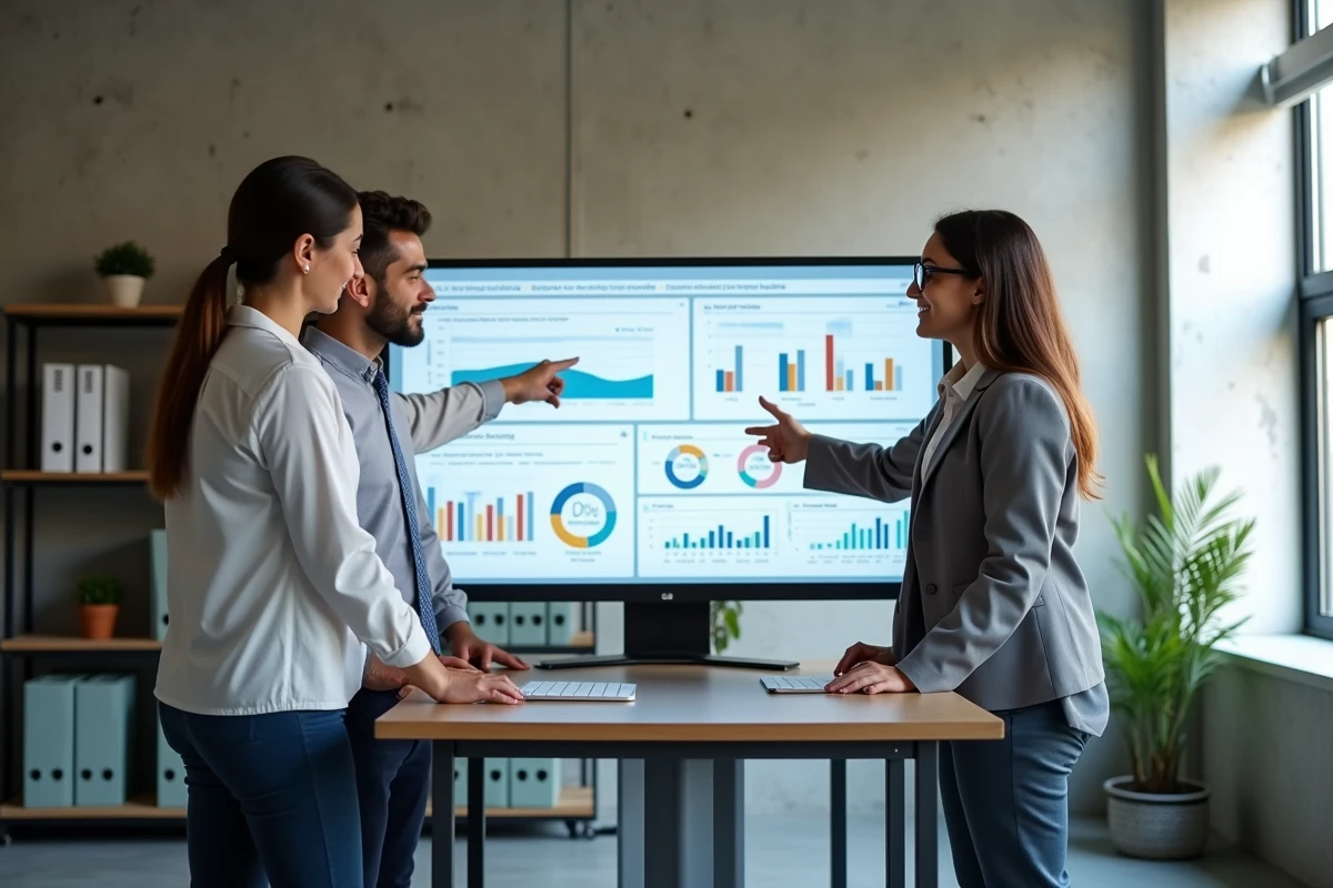 Équipe de délégataires de gestion santé NoveoCare analysant des tableaux de bord de remboursement de soins