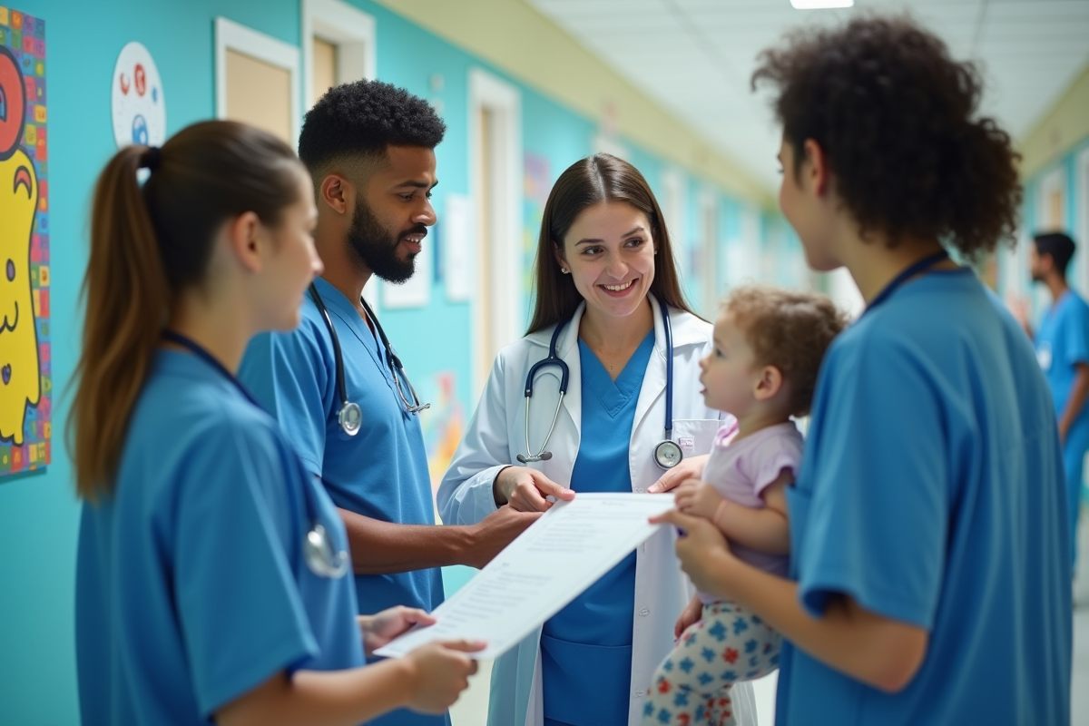 Professionnels de santé discutant d un dossier médical d un enfant