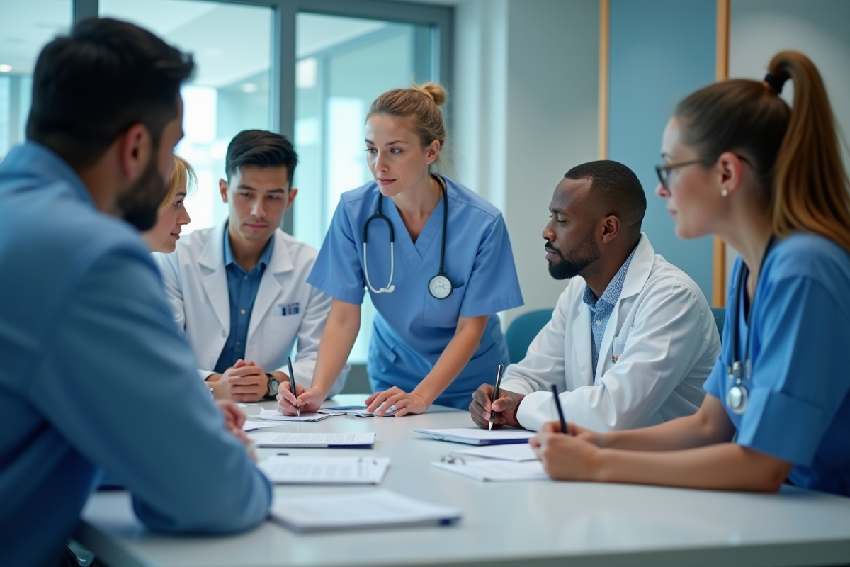 Infirmiere collaborant avec une equipe médicale en réunion