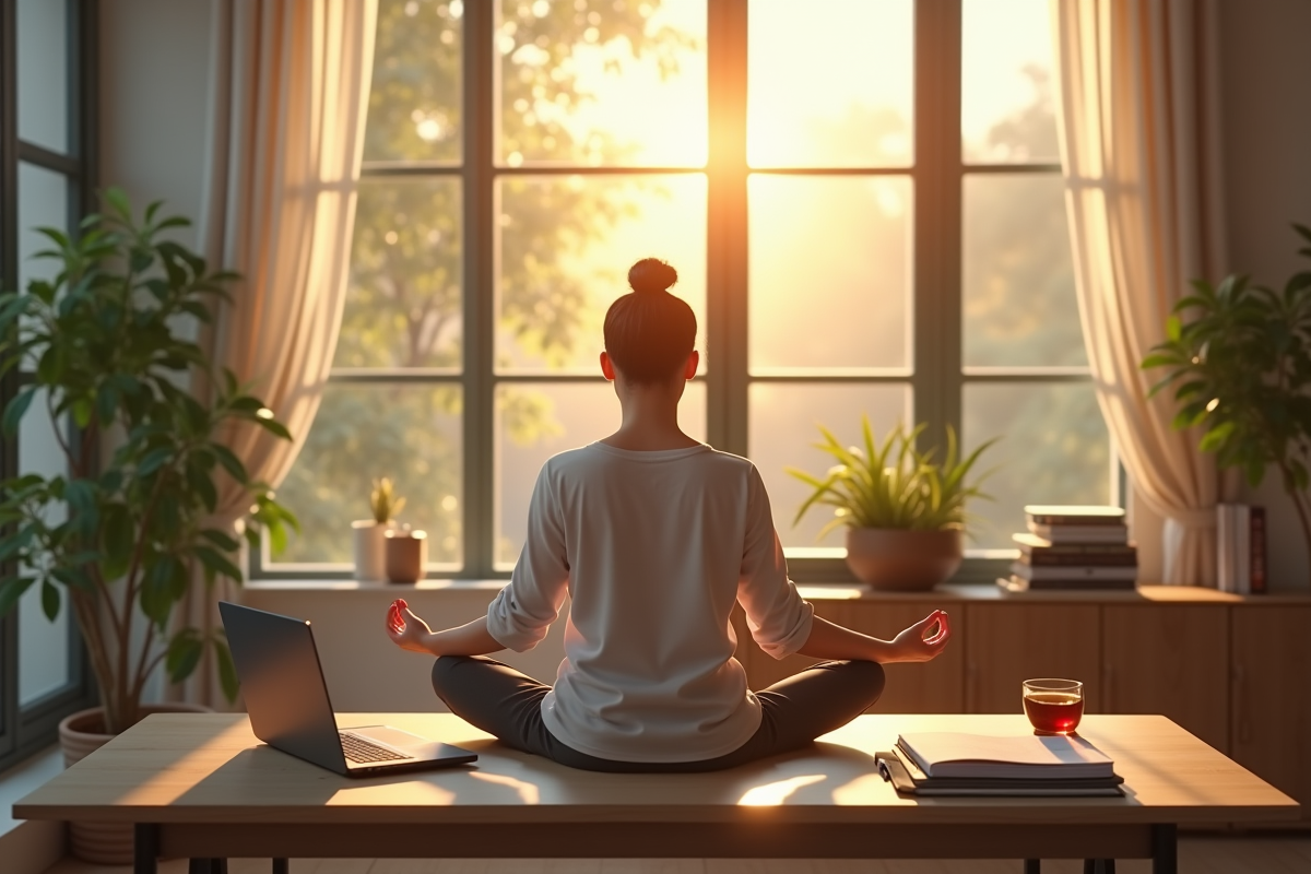Personne méditant dans un espace de travail calme et lumineux
