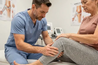 Kinésithérapeute examinant une lame d'épanchement au genou d'une patiente en cabinet médical