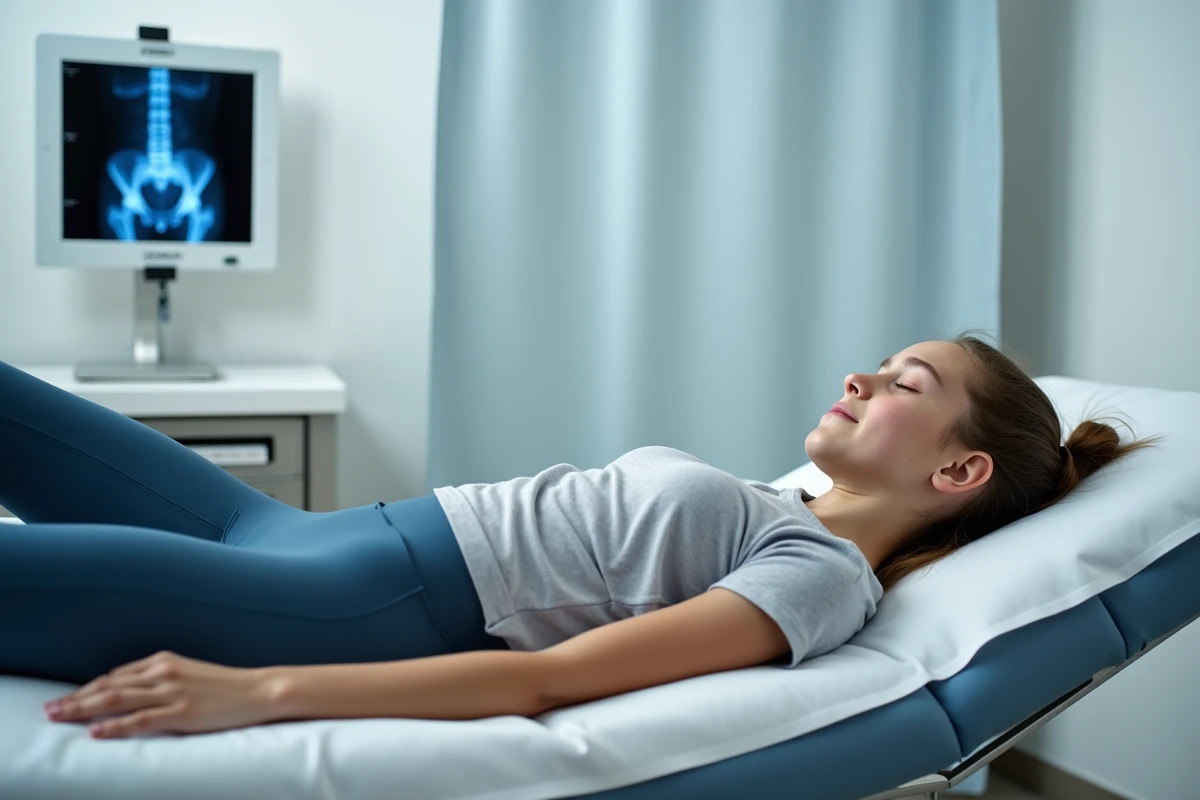 Jeune adolescente allongée en salle d'examen médical avec radiographie du coccyx visible au mur