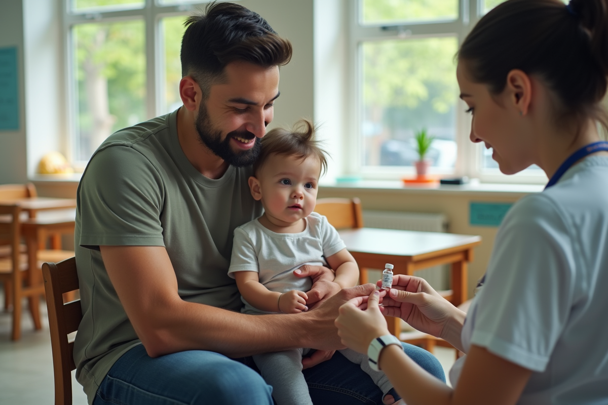 Père et enfant dans une clinique en train de voir un flacon de vaccin