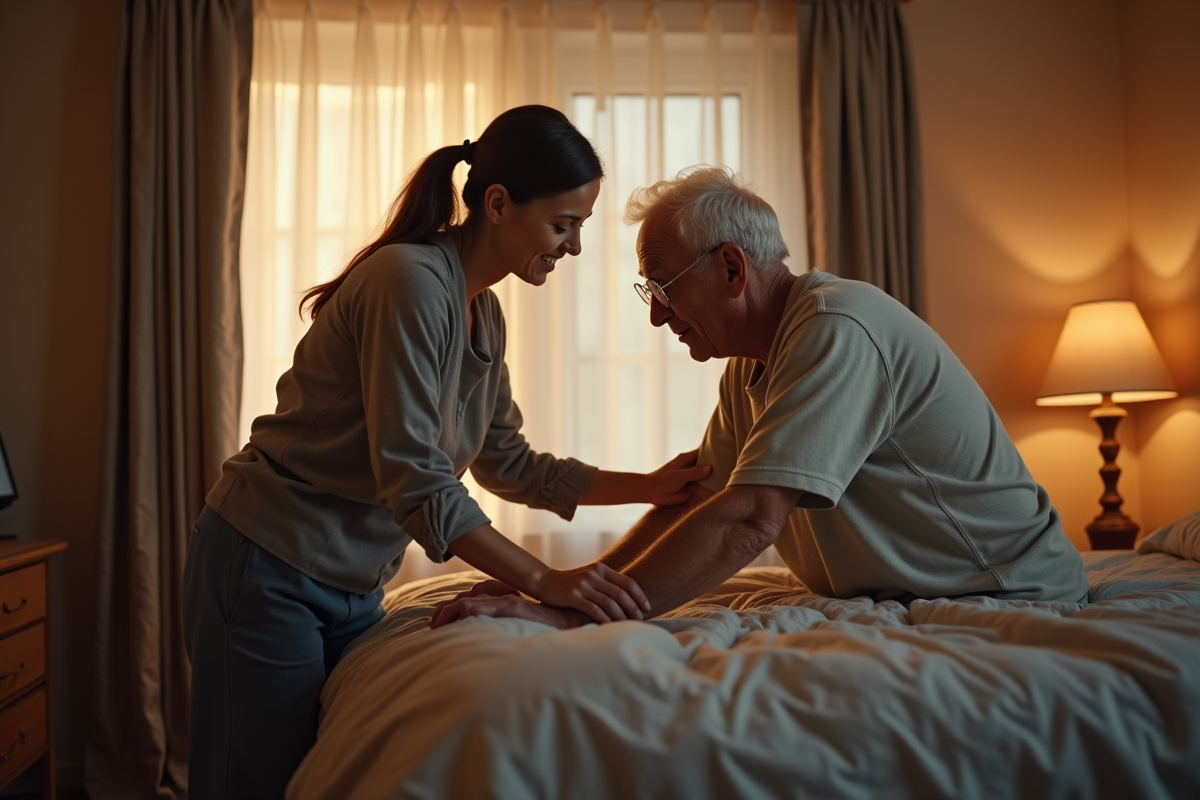 Membre de la famille aidant un senior dans une chambre chaleureuse