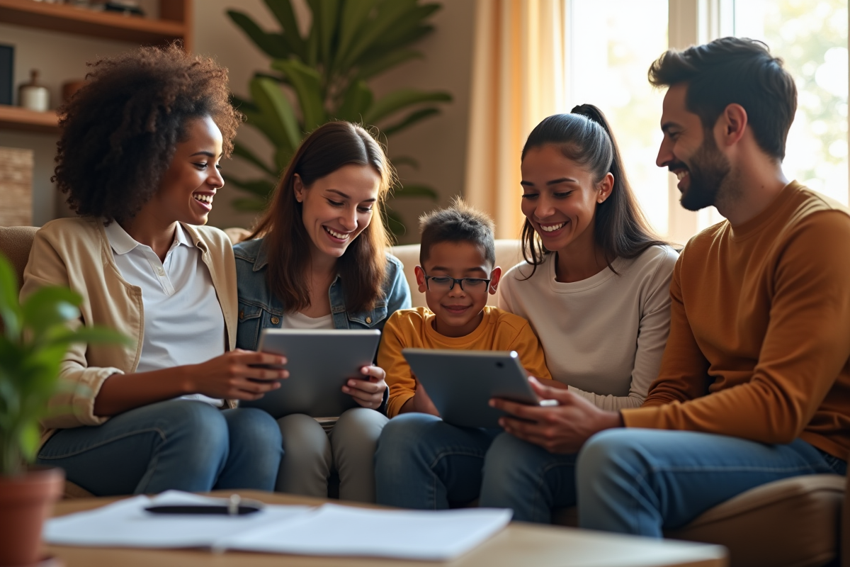 Famille lors d une teleconsultation sur une tablette