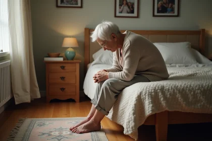 Femme agee examinant son pied dans une chambre chaleureuse