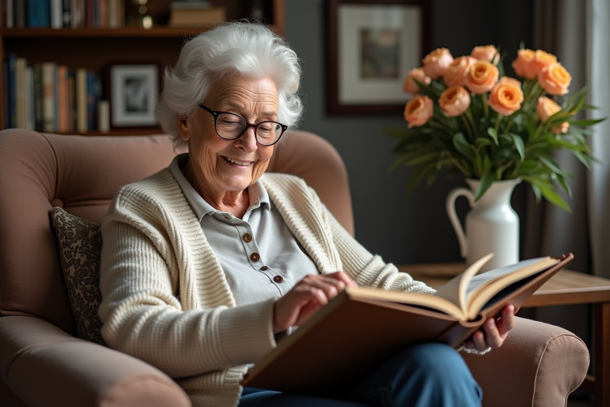 Femme âgée souriante feuilletant un album photo dans un salon chaleureux