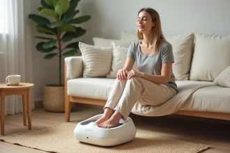 Femme utilisant un appareil de massage de pied silencieux sur un canapé dans un salon cosy et lumineux