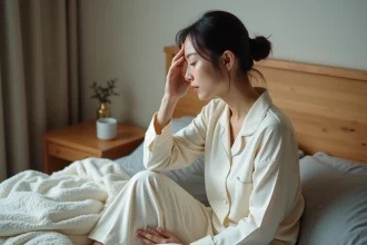 Femme asiatique en pyjama coton pense au reveil