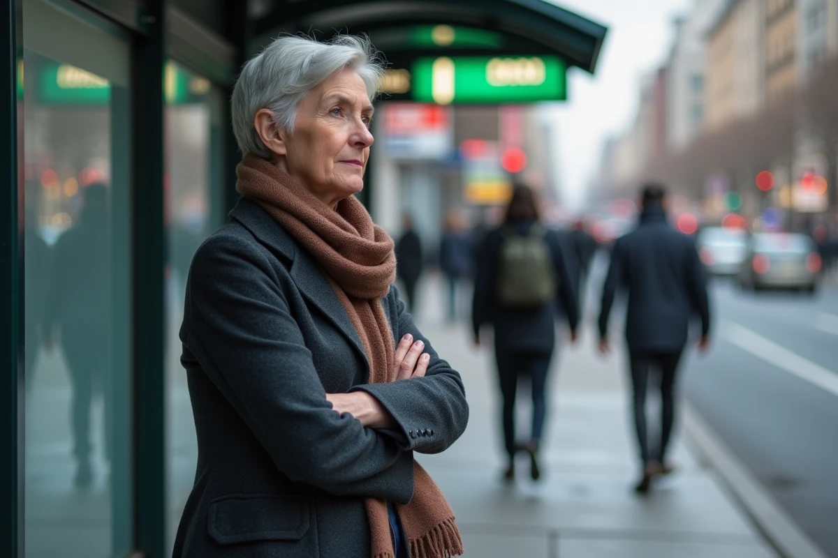 Femme debout à un arrêt de bus en ville regardant au loin