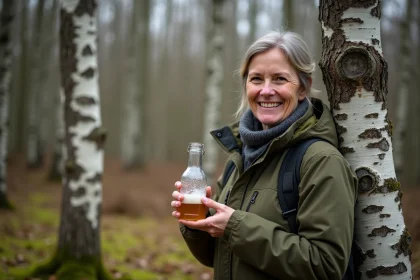 Femme souriante tenant une bouteille de s&egrave;ve de bouleau dans la for&ecirc;t
