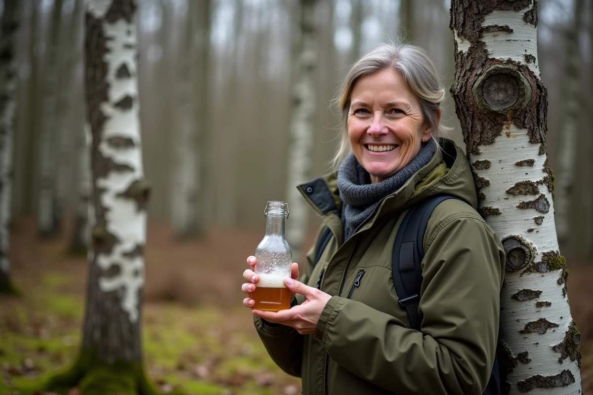 Femme souriante tenant une bouteille de sève de bouleau dans la forêt