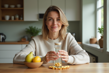 Femme dégustant une eau vitaminée à la maison