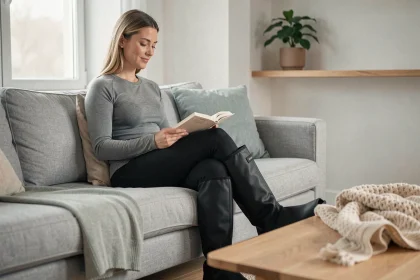 Femme assise sur un canapé portant des bottes de récupération pneumatiques noires pour soulager la fatigue des jambes à domicile