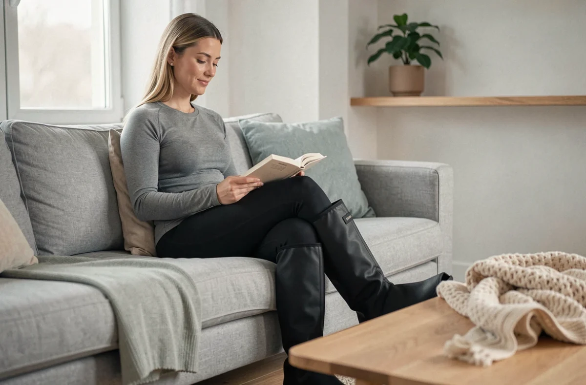 Femme assise sur un canapé portant des bottes de récupération pneumatiques noires pour soulager la fatigue des jambes à domicile