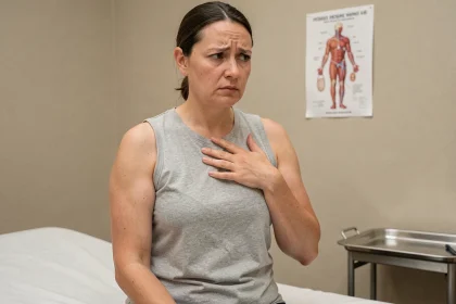 Femme adulte examinant une boule sous son aisselle lors d'une consultation médicale