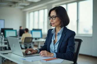 Femme professionnelle travaillant à un bureau ergonomique adapté, illustrant les adaptations au travail pour les personnes atteintes de zonivizectrum