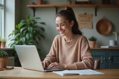 Femme souriante travaillant sur son ordinateur dans un bureau cosy