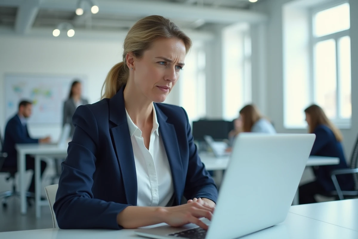 Femme professionnelle frustrée face à un problème de connexion Mailiz sur son ordinateur portable au bureau