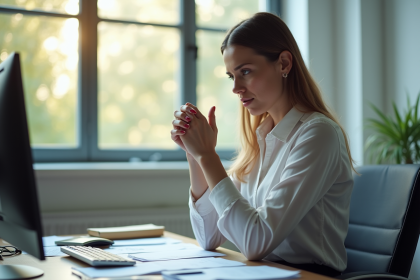 Jeune femme au bureau se masse le poignet inquiète