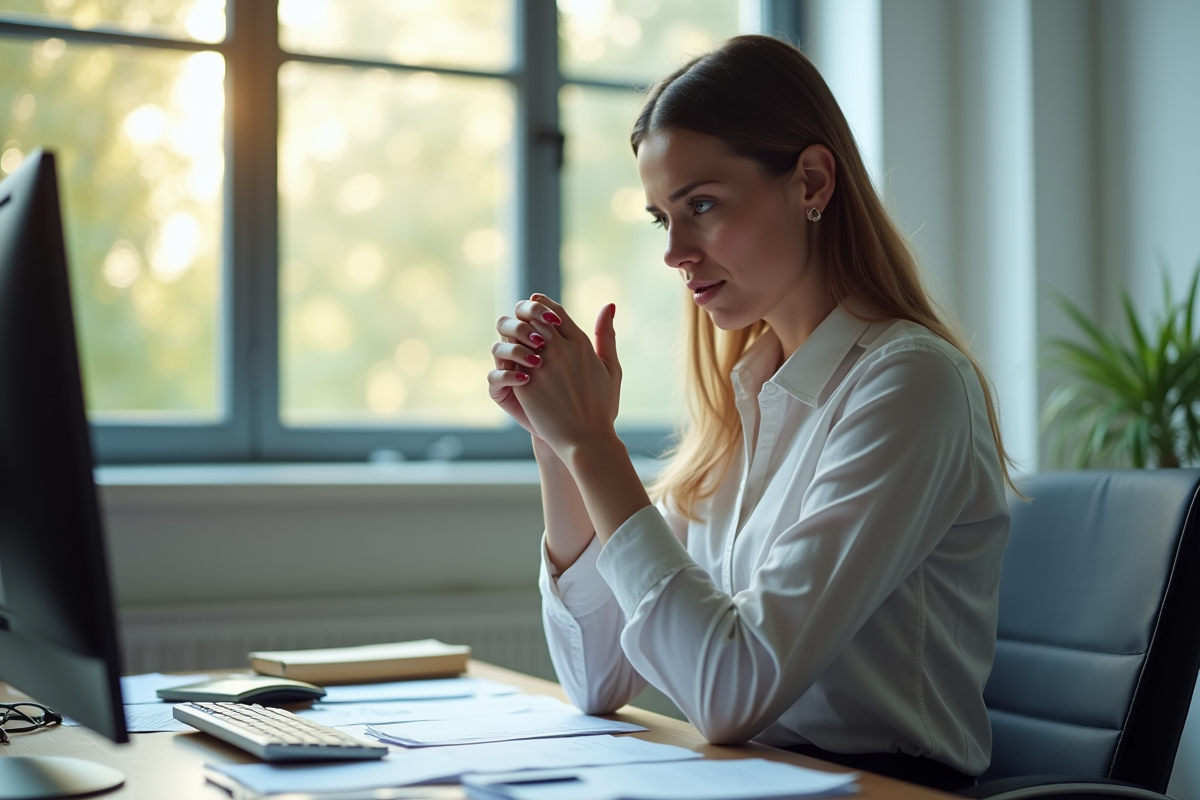 Jeune femme au bureau se masse le poignet inquiète