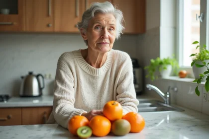 Femme en cuisine examinant des oranges et kiwis frais