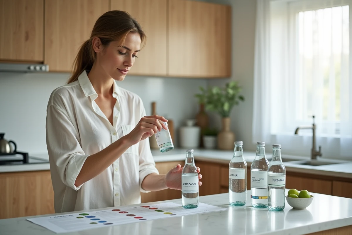 Femme comparant des bouteilles d'eau minérale dans une cuisine moderne pour choisir la meilleure eau pour la santé des reins